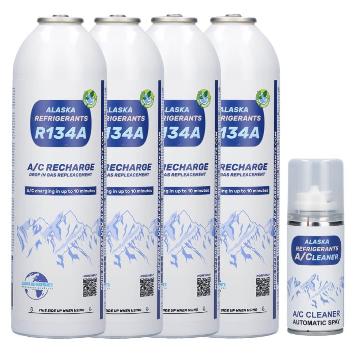 4 x Alaska Refrigerants R134a Ersatzkältemittel für Fahrzeuge (Gratis Klimaanlagen-Reinigungsspray)