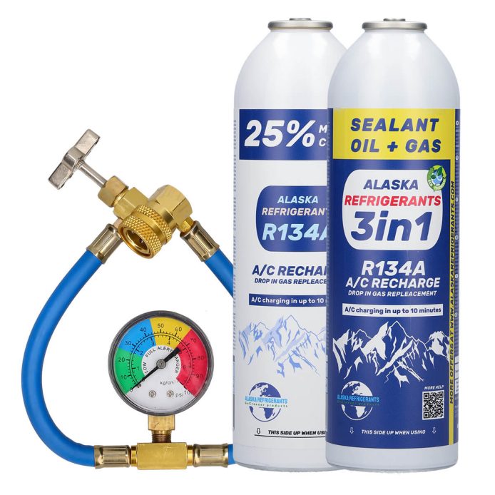 Kombiniertes Alaska Refrigerants Kit – 3in1 R134a Ersatzkältemittel mit PAG 100 Öl und Dichtmittel + R134a Ersatzkältemittel + Schlauch & Manometer