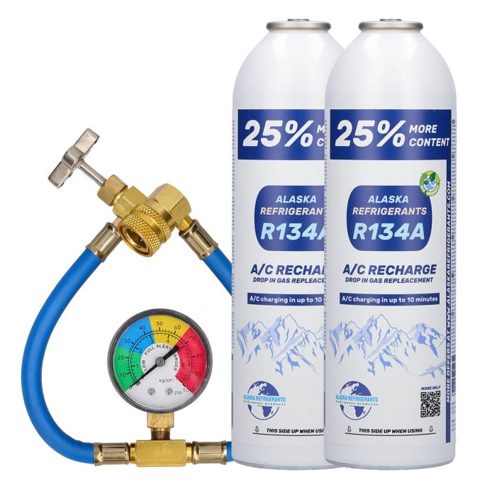 Double Kit – Alaska Refrigerants R134a Ersatzkältemittel für Fahrzeuge + Schlauch & Manometer
