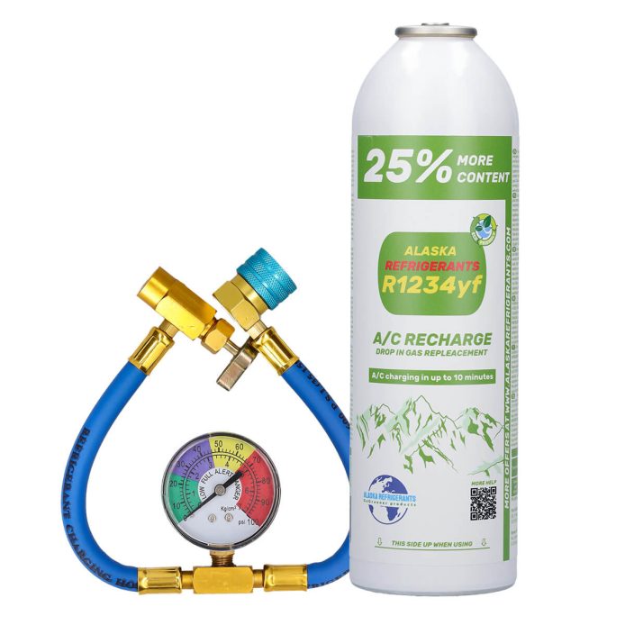 Home Kit – Alaska Refrigerants R1234yf Ersatzkältemittel für Fahrzeuge + Schlauch & Manometer