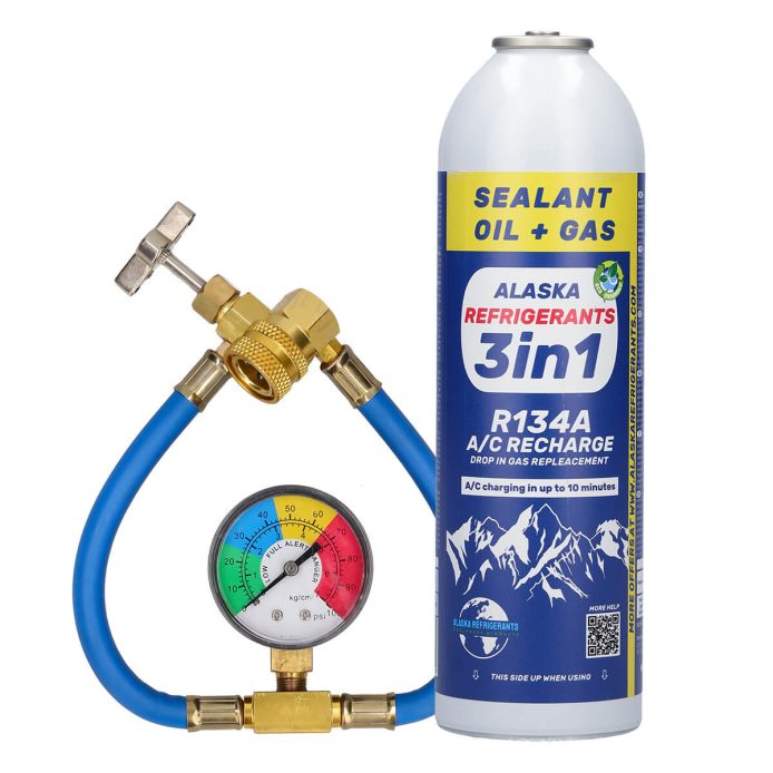 3in1 Alaska Refrigerants R134a Ersatzkältemittel, PAG 100 Öl, Dichtmittel + Schlauch & Manometer