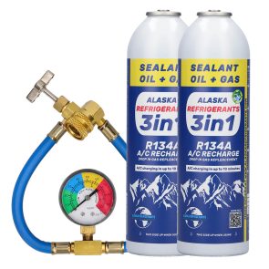 Double Kit – 3in1 Alaska Refrigerants R134a Ersatzkältemittel mit PAG 100 Öl und Dichtmittel + Schlauch & Manometer