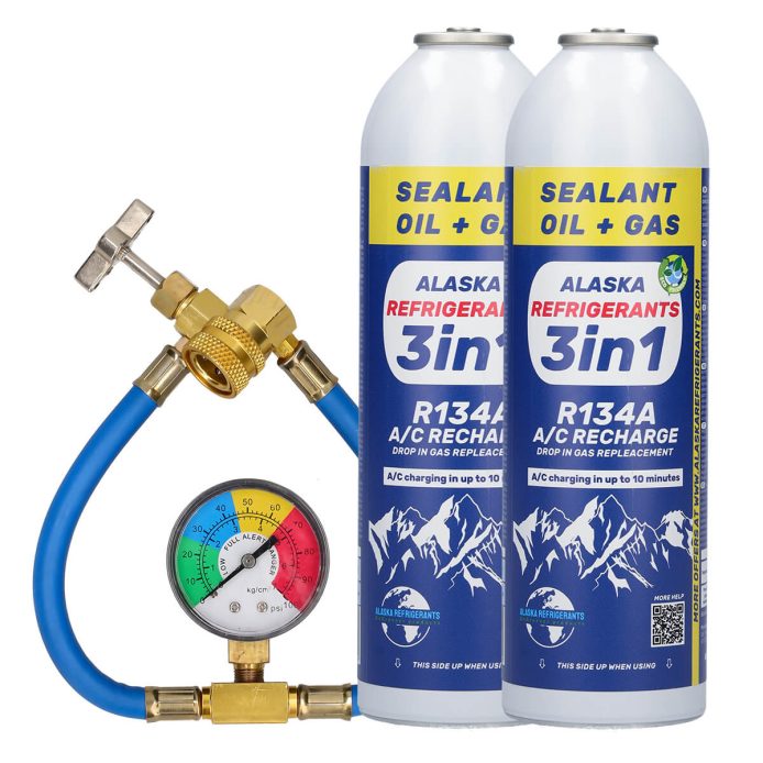 Double Kit – 3in1 Alaska Refrigerants R134a Ersatzkältemittel mit PAG 100 Öl und Dichtmittel + Schlauch & Manometer