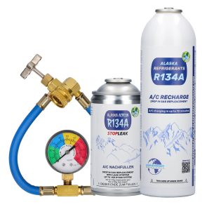 Alaska Refrigerants R134a Ersatzkältemittel für Fahrzeuge + Dichtmittel + Schlauch & Manometer