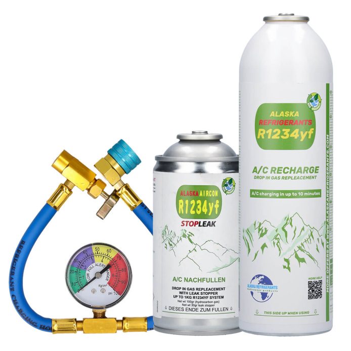 Alaska Refrigerants R1234yf Ersatzkältemittel für Fahrzeuge + Dichtmittel + Schlauch & Manometer